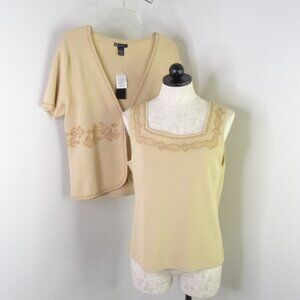New w/ Defects G Signature Women's L Beige Beaded 2-Piece Cardigan & Tank Set